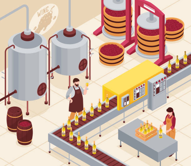 illustrazioni stock, clip art, cartoni animati e icone di tendenza di illustrazione dell'enologo isometrico - bottling plant winemaking wine factory