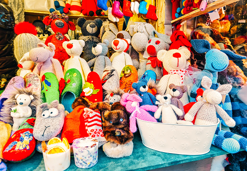 Handmade bear toys displayed Riga Christmas market