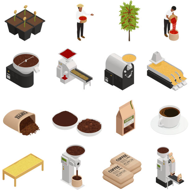 illustrazioni stock, clip art, cartoni animati e icone di tendenza di icone isometriche di produzione dell'industria del caffè - coffee bag coffee bean bean