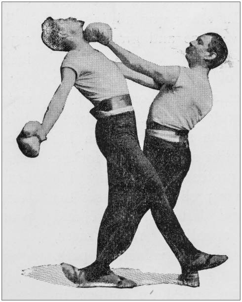 ilustrações de stock, clip art, desenhos animados e ícones de antique photo: kickboxing - wrestling sport two people people