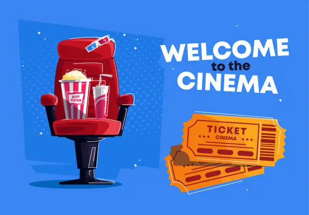 Vector illustration of a package of popcorn with soda lies on a red seat from the cinema, with 3D glasses and movie tickets, the inscription welcome to the cinema