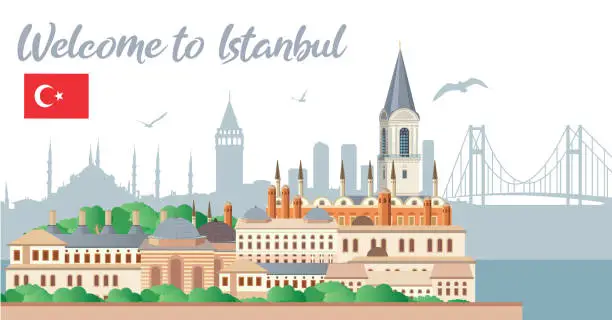 Vector illustration of Topkapi Palace and Istanbul Silhouette