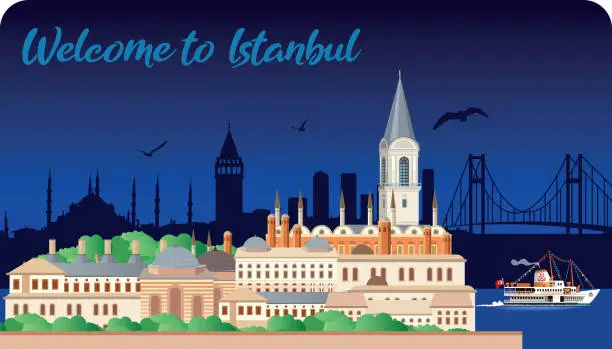 Vector illustration of Topkapi Palace and Istanbul Silhouette