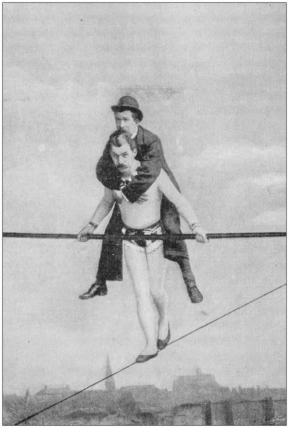 ilustraciones, imágenes clip art, dibujos animados e iconos de stock de foto antigua: acróbata caminante de cuerda - tightrope walking circus skill