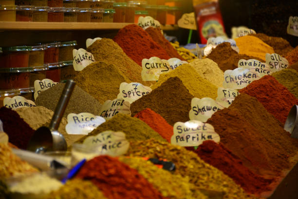 istock Spice counter on street market closeup. Selective focus 1201467723