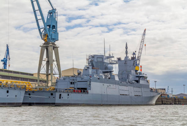 istock military ship in Hamburg 1201479026