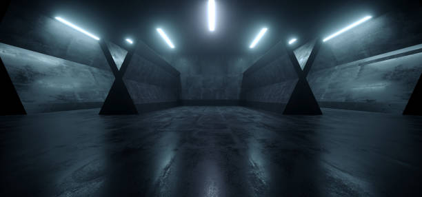 istock Sci Fi Futuristic Pantone Blue Glowing Neon Led Laser Lights Dark Night Empty Parking Underground Space Showcase Car Garage Concrete 3D Rendering 1201479980