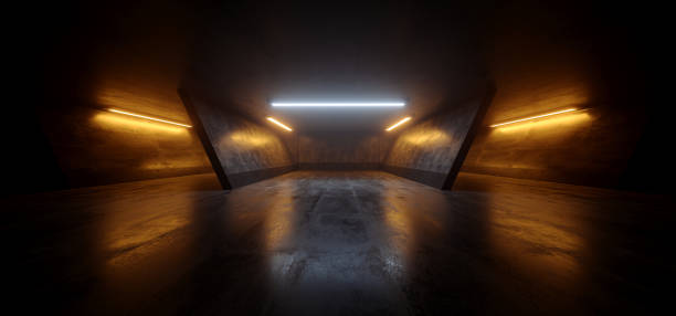 istock Sci Fi Futuristic Orange White Blue Glowing Neon Led Laser Lights Dark Night Empty Parking Underground Space Showcase Car Garage Concrete 3D Rendering 1201480012