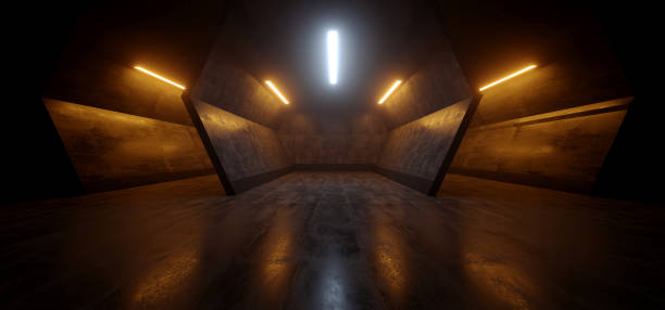 istock Sci Fi Futuristic Orange White Blue Glowing Neon Led Laser Lights Dark Night Empty Parking Underground Space Showcase Car Garage Concrete 3D Rendering 1201480053