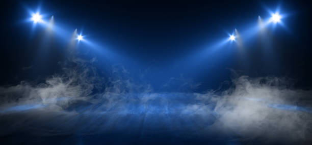 istock Smoke Fog  Sci Fi Retro Glowing Lasers Spot Lights Empty Stage Podium Construction Showcase Night Club Garage Underground Cyber Background 3D Rendering 1201480173