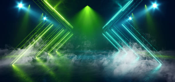 istock Smoke Fog Sci Fi Neon Green Blue Triangle Retro Glowing Lasers Spot Lights Empty Stage Podium Room Showcase Night Club Garage Underground Cyber Background 3D Rendering 1201481287