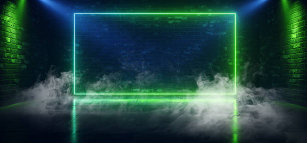 istock Smoke Fog Sci Fi Neon Green Blue Rectangle Retro Glowing Lasers Spot Lights Empty Stage Podium Brick Room Showcase Night Club Garage Underground Cyber Background 3D Rendering 1201481319