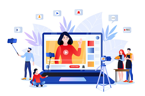 Vlog and trendy video content creation for social networks. Vector flat cartoon illustration of lifestyle bloggers and influencers. Internet media modern digital technology concept.