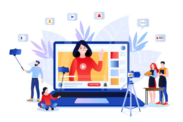 Vlog and video content creation for social networks. Vector illustration of lifestyle bloggers and influencers Vlog and trendy video content creation for social networks. Vector flat cartoon illustration of lifestyle bloggers and influencers. Internet media modern digital technology concept. vlogging stock illustrations