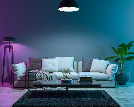 Interior empty wall by night colored light mode. 3D render