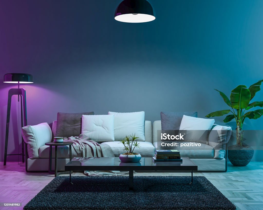 Interior empty wall by night colored light mode Interior empty wall by night colored light mode. 3D render Home Automation Stock Photo