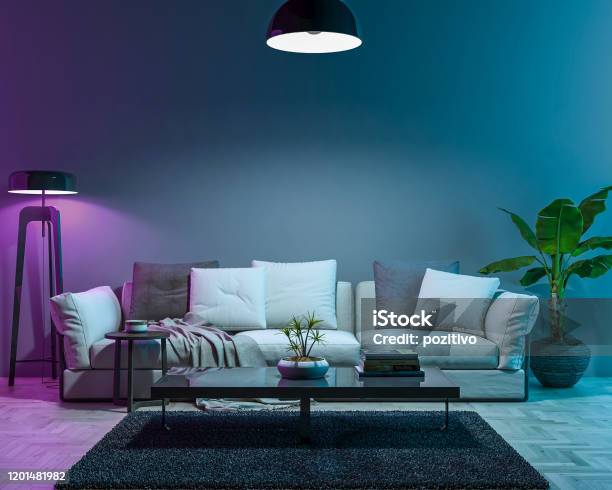Interior Empty Wall By Night Colored Light Mode Stock Photo - Download Image Now - Home Automation, Lighting Equipment, Illuminated