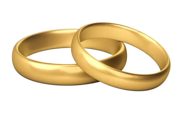 Illustration of two wedding gold rings without shadow lie on each other. 3d rendering