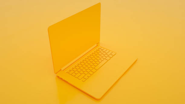 istock Modern Laptop on yellow background. 3d illustration 1201483142