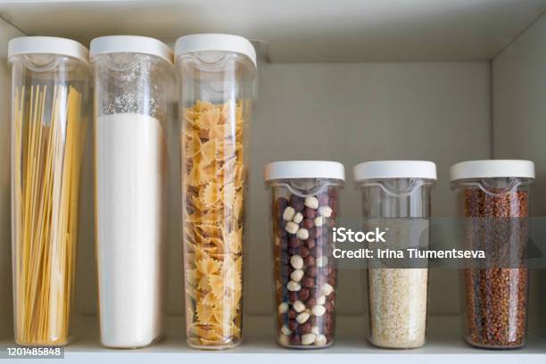 Stocked Kitchen Pantry With Food Pasta Buckwheat Rice And Sugar