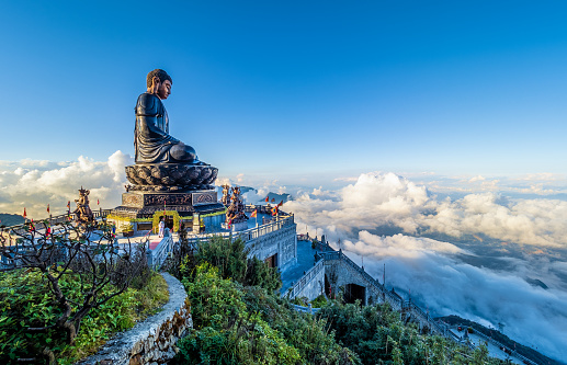 Landscape with Giant Buddha statue on the top of mount Fansipan, Sapa region,  Lao Cai, Vietnam