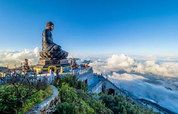 Landscape with Giant Buddha statue on the top of mount Fansipan, Sapa region,  Lao Cai, Vietnam