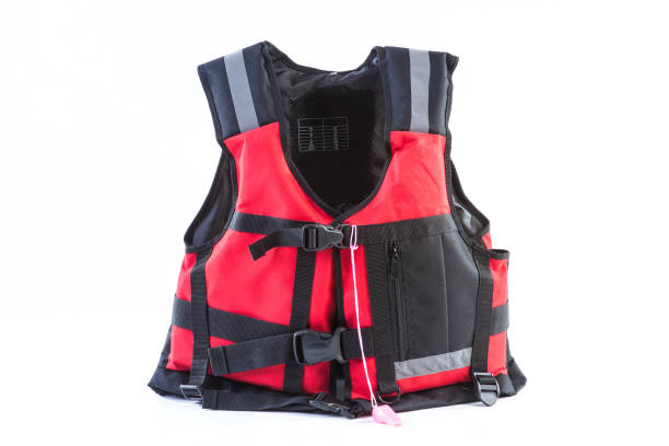 istock Red life jacket on white background, vest undone, isolated 1201491093