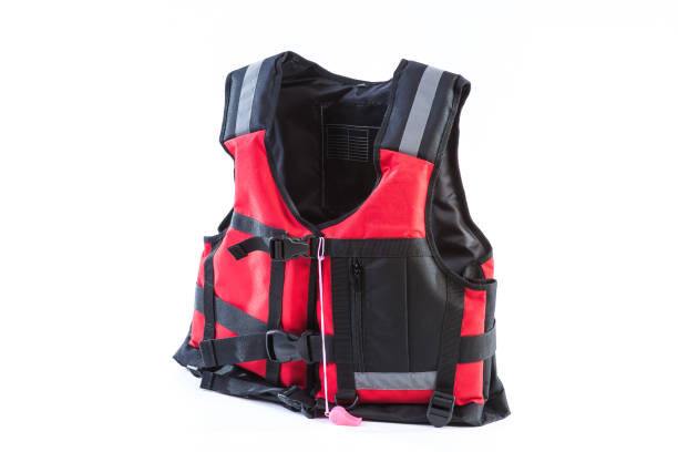 istock Red life jacket on white background, vest undone, isolated 1201491116