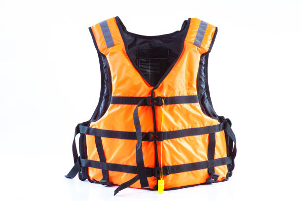 orange schwimmweste auf weißem hintergrund, weste undone, isoliert - life jacket stock-fotos und bilder