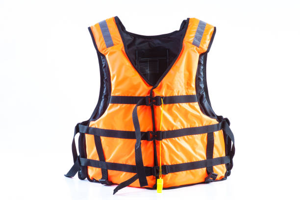 istock orange life jacket on white background, vest undone, isolated 1201491138