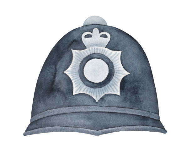 Dark black grungy police hat with silver metal crown and star badge. One single object, front view. Hand painted water color sketchy drawing on white, cutout clip art element for design decoration. Hand drawn watercolor illustration. metropolitan police stock illustrations