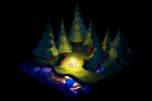 Night over the camping bonfire. Isometric low poly composition.