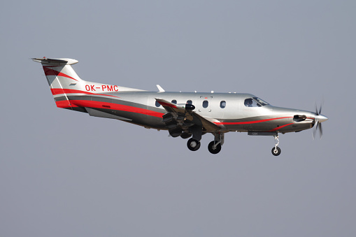 Budapest / Hungary - October 14, 2018: Pilatus PC-12 OK-PMC passenger plane arrival and landing at Budapest Airport