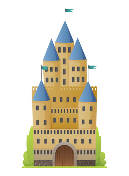 플랫 벡터 동화 성입니다. 높은 타워와 원추형 지붕중세 궁전. 요새 벽과 타워가 있는 요새 또는 요새 - stronghold stock illustrations