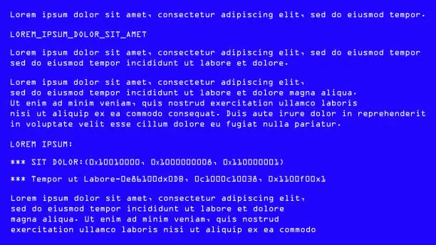 Vector illustration of Blue screen of death, computer error crash. Blue screen of death - BSOD. Critical message. Template for computer error alert.