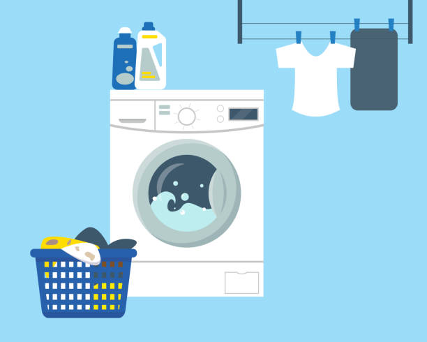 illustrazioni stock, clip art, cartoni animati e icone di tendenza di lavatrice con polvere e detergente, cestino con vestiti sporchi da lavare e pulire i vestiti. illustrazione vettoriale piatta. - asciugatrice