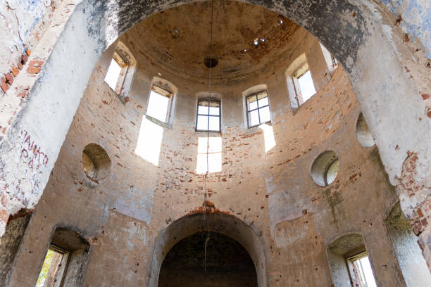 istock Old abandoned church in the village columns inside 1201499082