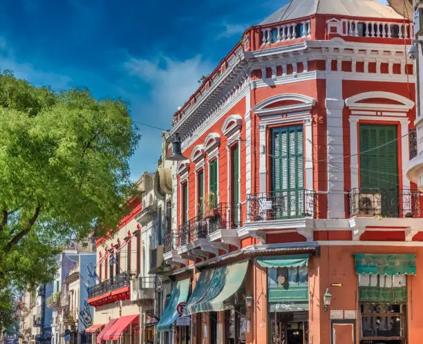 The streets of San Telmo, the oldest neighborhood in Buenos Aires, amidst the cobblestone streets and old colonial architecture, Argentina