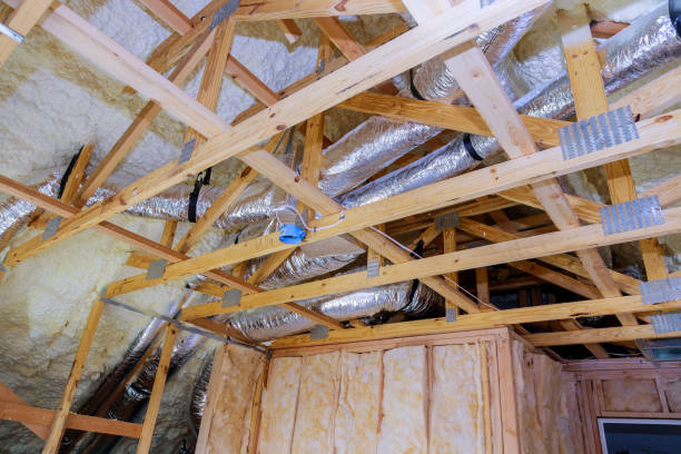 istock Air conditioning system attached to attic ceiling, foam plastic Insulation of a new home 1201505402