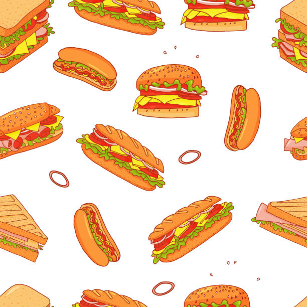 ilustraciones, imágenes clip art, dibujos animados e iconos de stock de sandwich dibujos animados fondo de patrón sin costuras. comida rápida aislada. - turkey sandwich illustrations