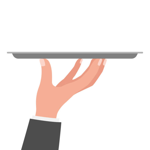 pelayan memegang nampan. layanan restoran. ilustrasi vektor terisolasi pada latar belakang putih - butler holding food ilustrasi stok