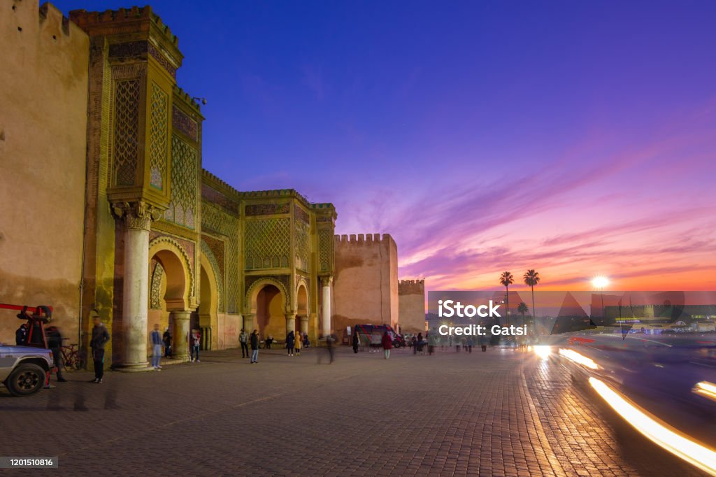 Ancient gate and walls of Bab El-Mansour in Meknes. Morocco, North Africa Meknes Stock Photo
