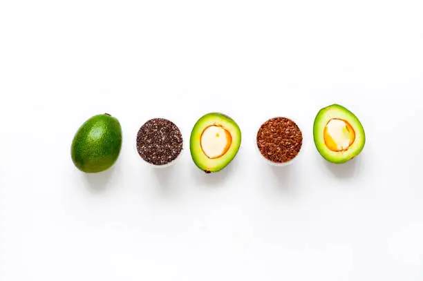 Photo of Ingredients for ketogenic diet on white background. The concept of healthy eating. Close-up