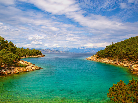 Looking down to idyllic Adriatic lagoon, Hvar island, Dalmatia, Croatia.