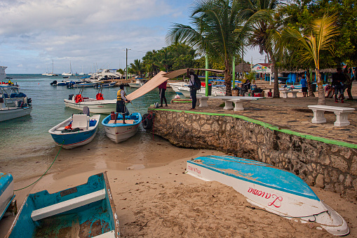 BAYAHIBE, DOMINICAN REPUBLIC 21 JANUARY 2020: Bayahibe Port with boats in Dominican Republic