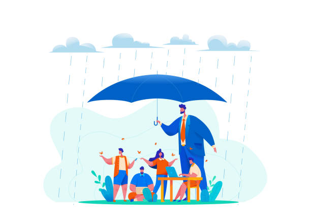 istock Big CEO boss hold huge umbrella in rain. metaphor 1201515574