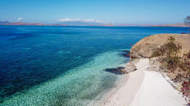 istock Komodo - Young woman standing on a boulder on the islan's beach 1201517278