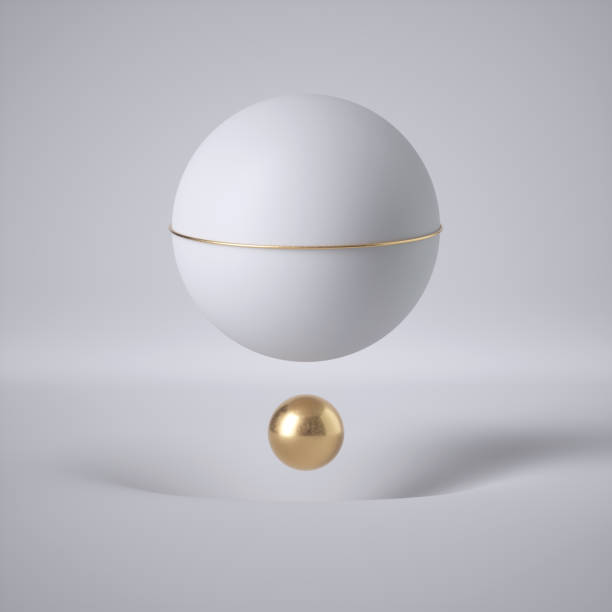 3d render, abstract white background, minimal design, clean style. Floating ball, levitating sphere, flying bubble. Gravity concept. Hole, dimple, pit. Empty template, copy space. Modern blank mockup