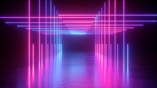 3d рендер, абстрактный футуристический неоновый фон, светящиеся линии, квадратный туннель, коридор, ультрафиолетовый неоновый свет, пустое � - confined space flash стоковые фото и изображения