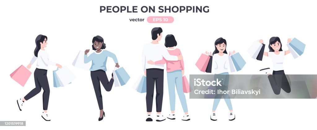 Shopping People Set Men And Women With Shopping Bags And Packages Cute Cartoon  Characters Girl Jumps And Smiles Sale Template Couple In Love Simple Modern  Design Flat Style Vector Illustration Stock Illustration -